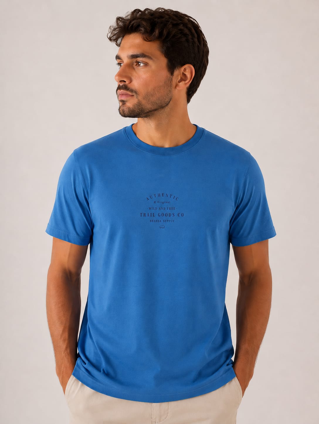 Homem vestindo camiseta azul Bransk com estampa Authentic Trail Goods Co e calça bege