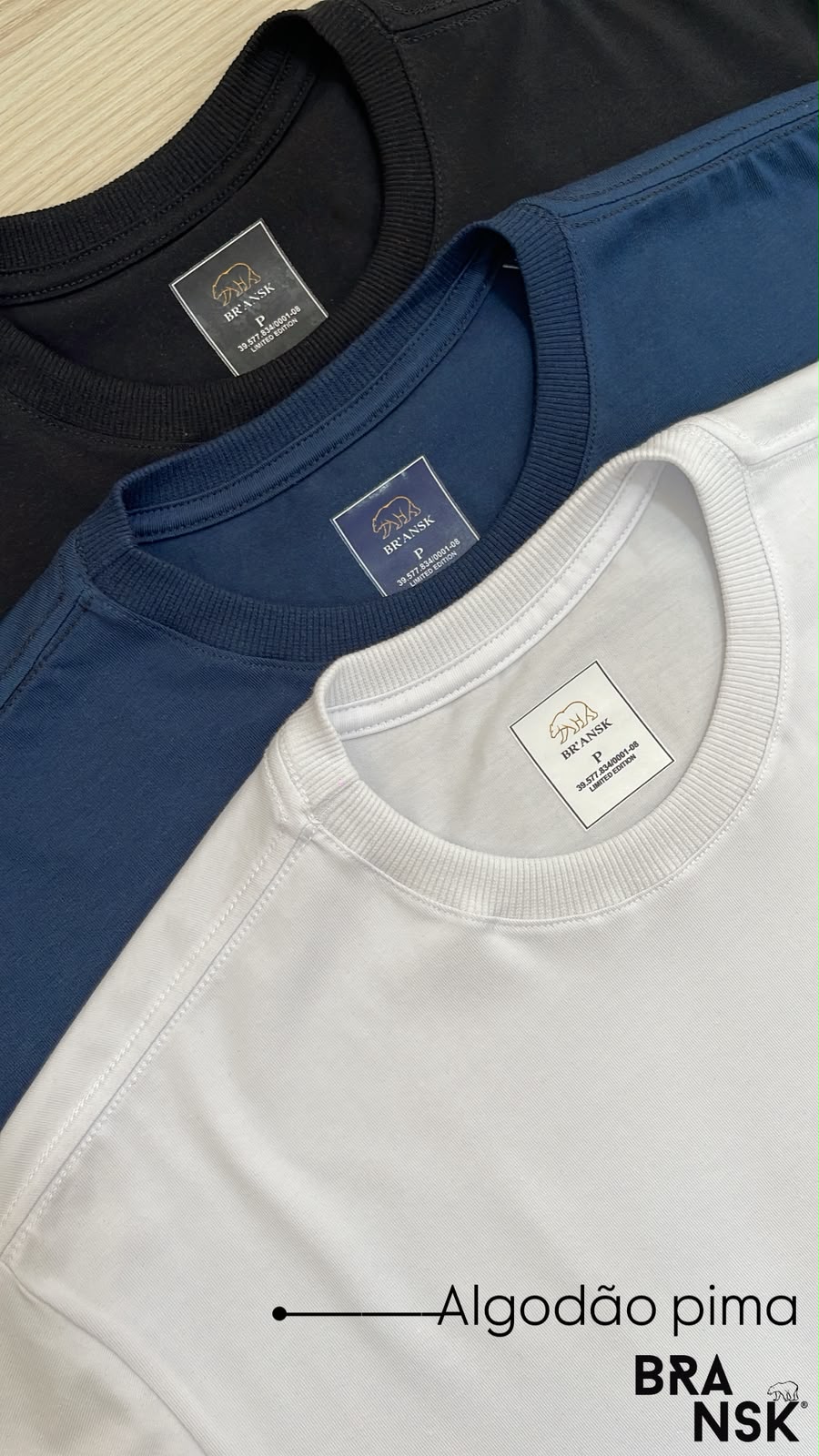 Camisetas de algodão pima Bransk nas cores preta, azul e branca