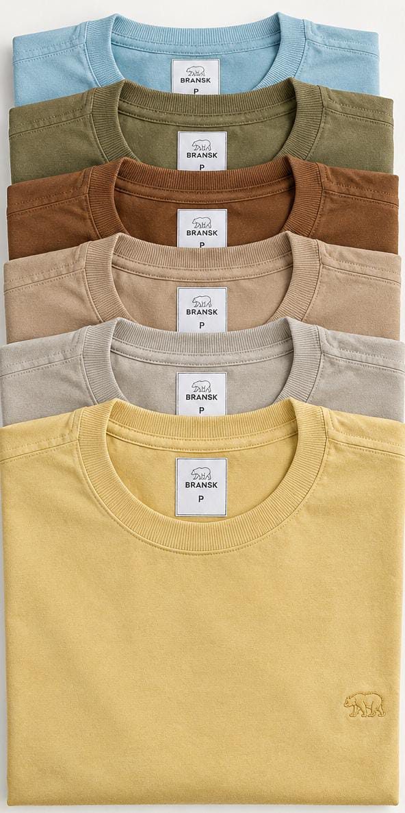 Seis camisetas básicas Bransk dobradas e empilhadas nas cores azul-claro, verde militar, marrom, areia, cinza e amarelo