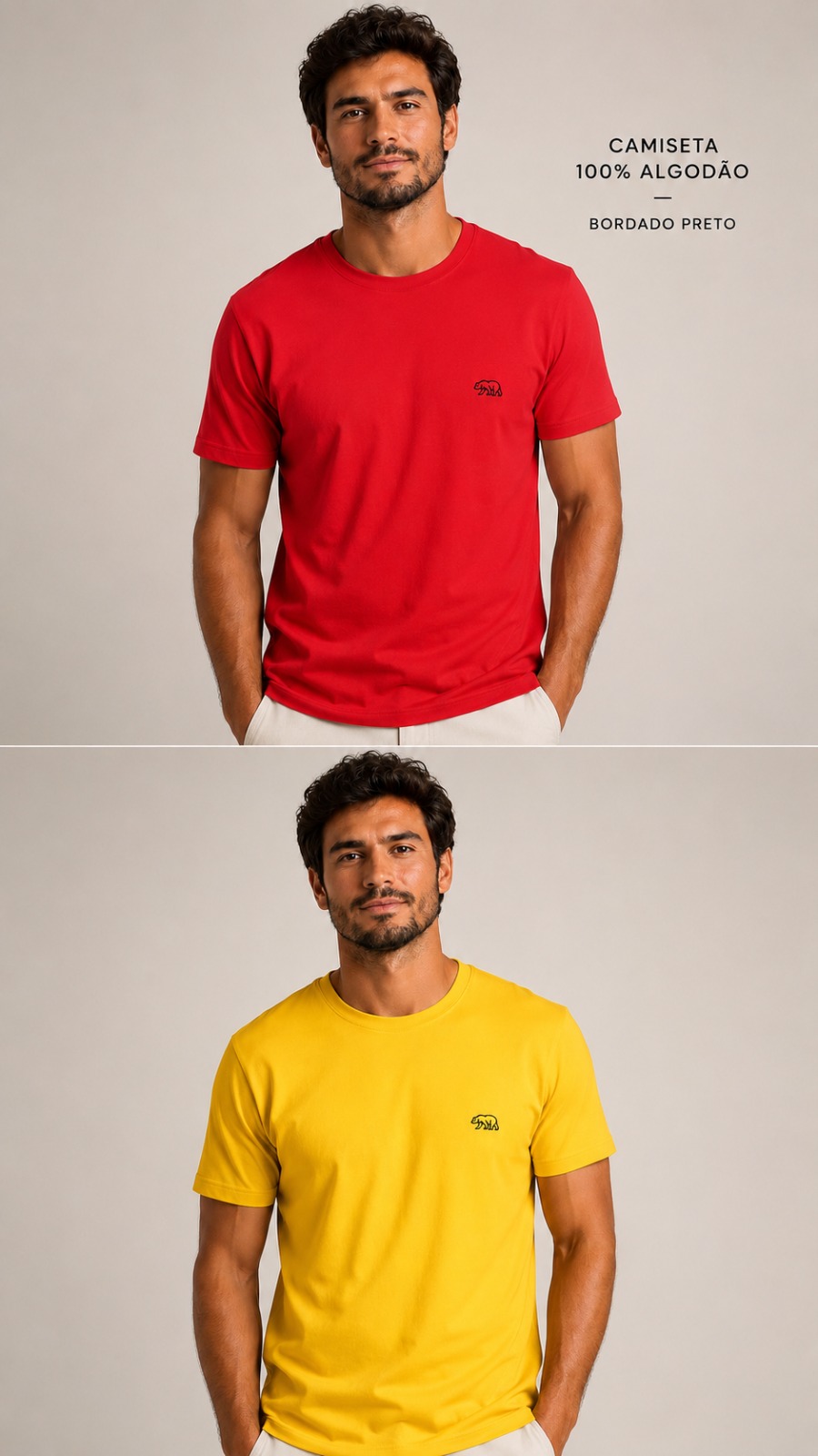 Camisetas Bransk vermelha e amarela com urso bordado em preto
