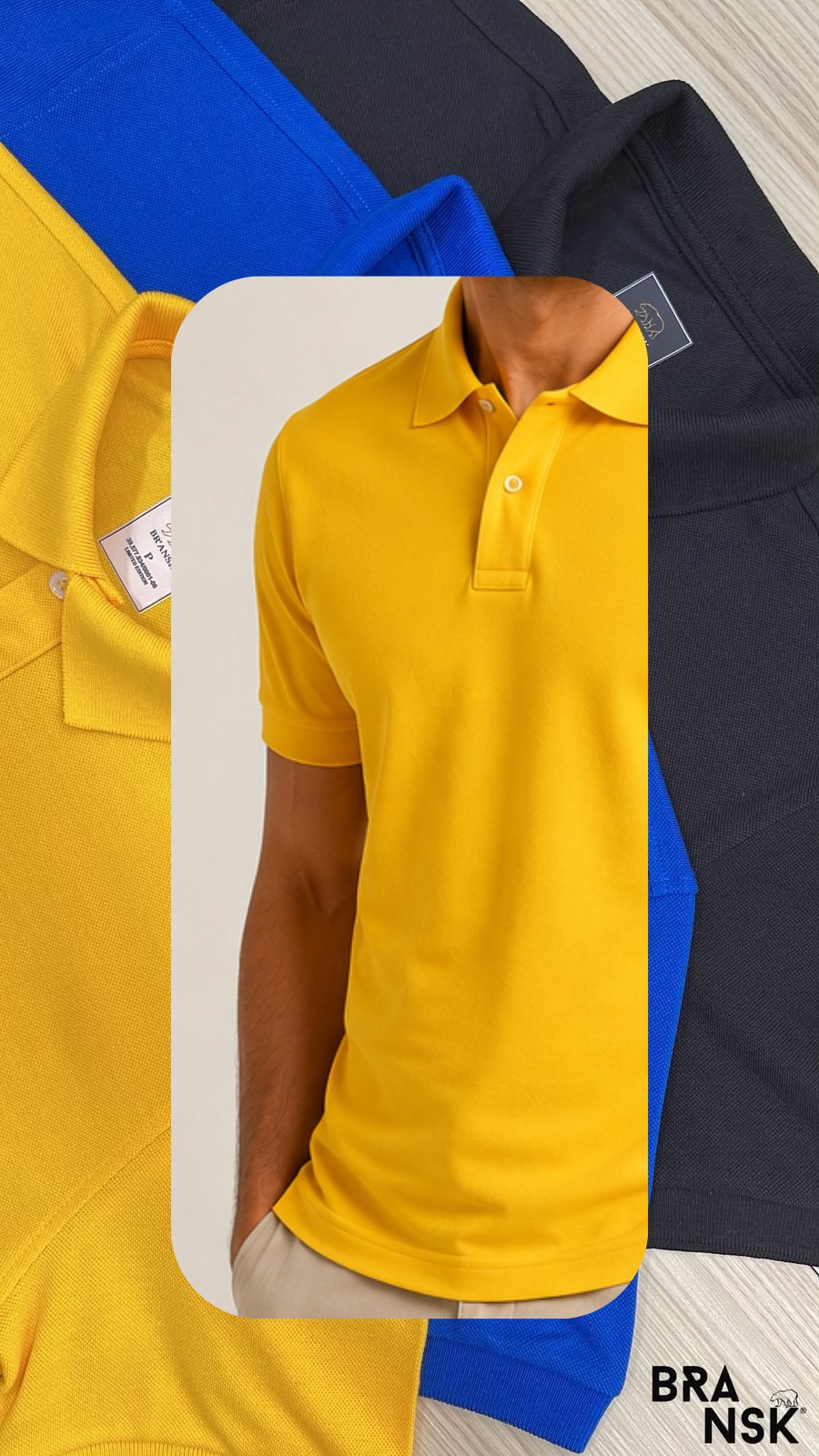 Polo piquet amarela Bransk sobre composição com polos azul royal e preta