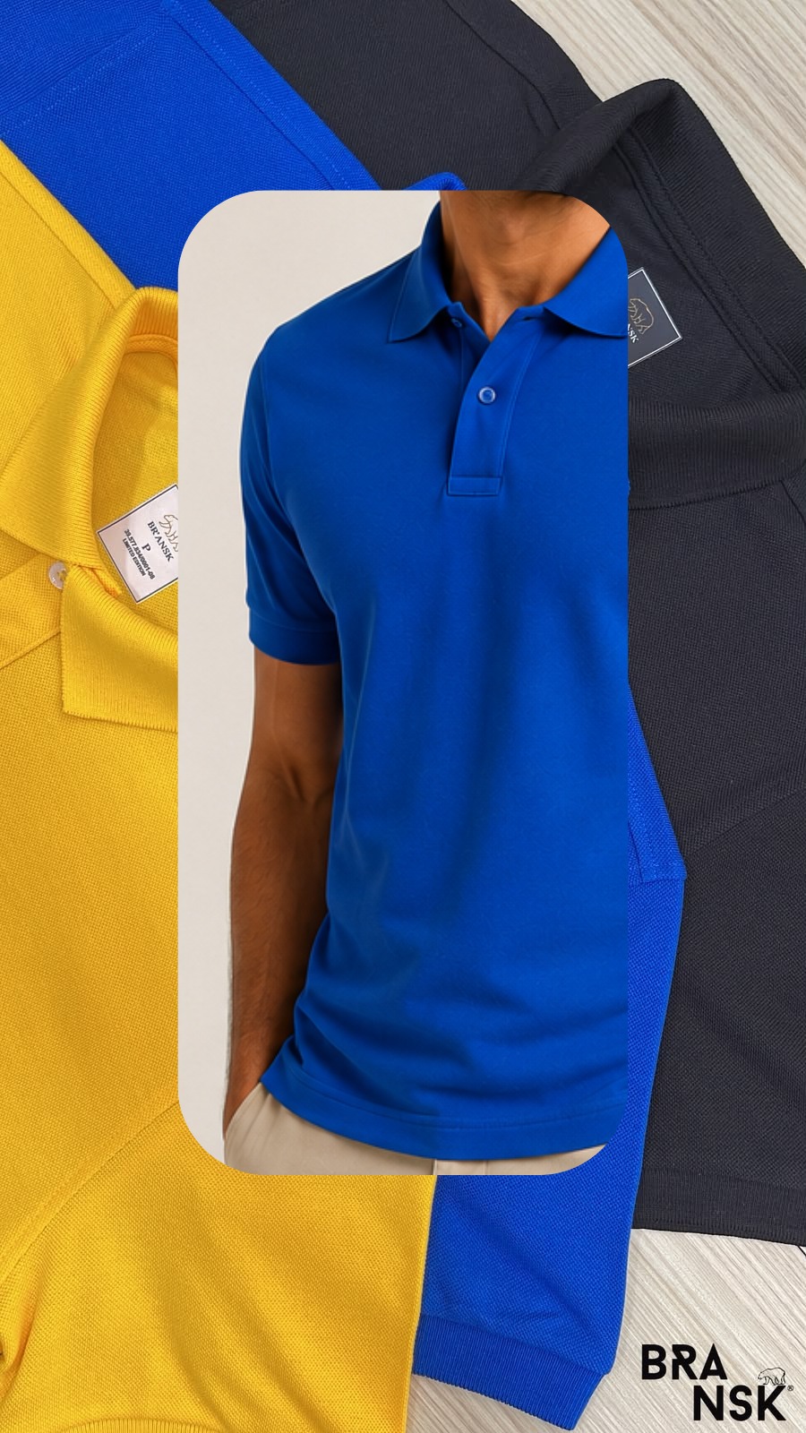 Polo piquet azul royal Bransk sobre composição com polos amarela e preta